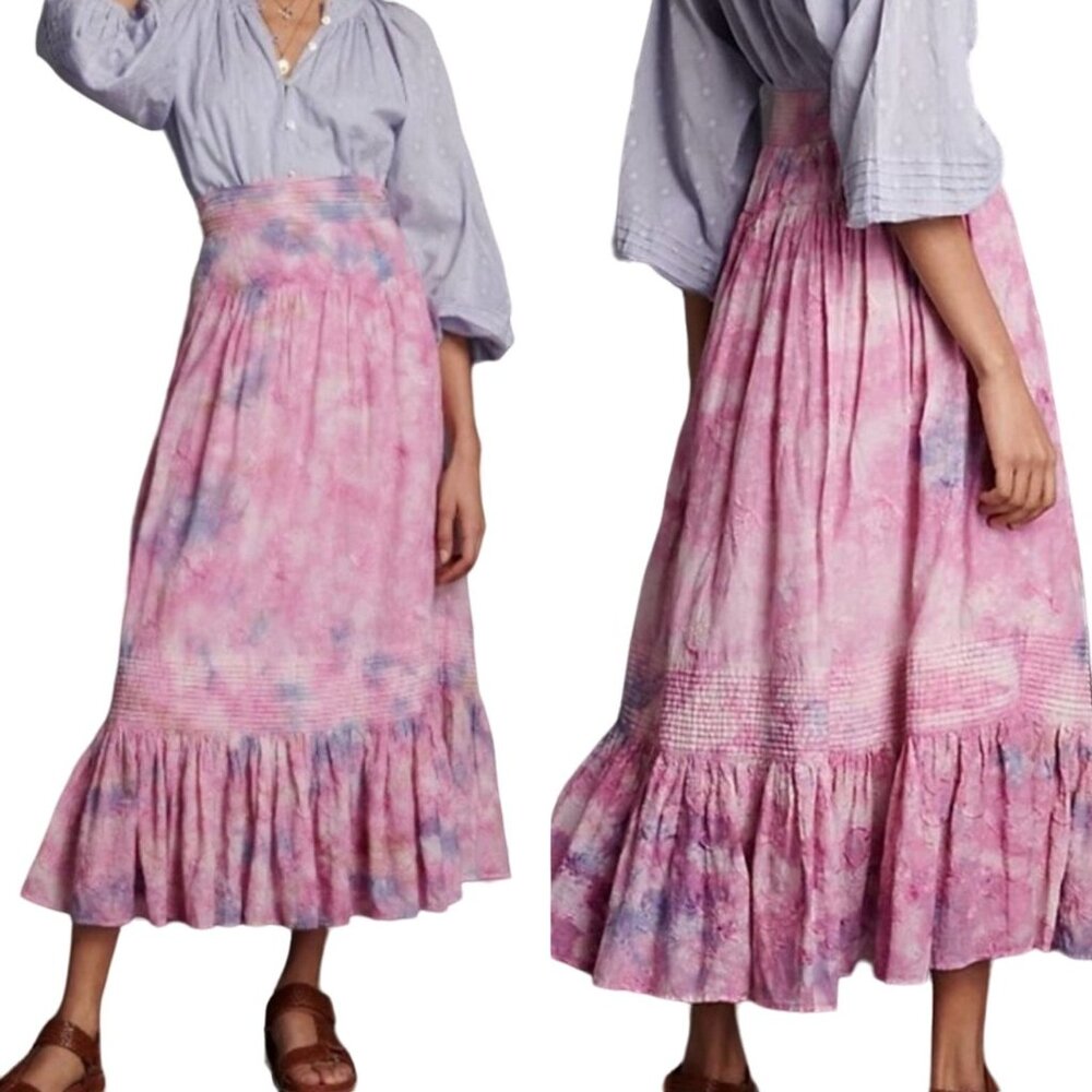 Anthropologie Maxi Skirt S‎ Pink Cotton Tie-Dyed Tiered Embroidered Boho Hippy